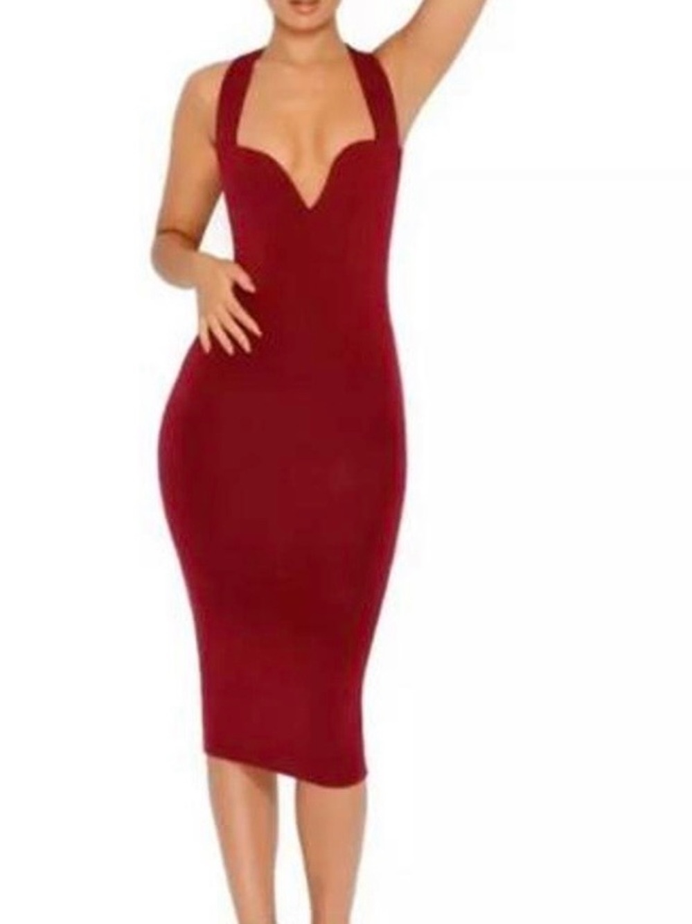 Oh Polly Burgundy Bodycon Midi Dress